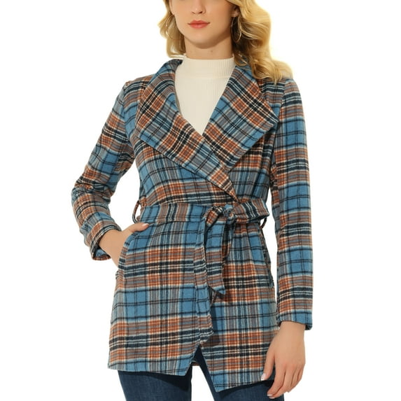 INSPIRE CHIC Women's Shawl Collar Asymmetrical Hem Belted Plaid Coat XS Blue