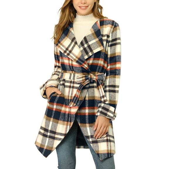 INSPIRE CHIC Women's Shawl Collar Asymmetrical Hem Belted Plaid Coat XS Brown Blue