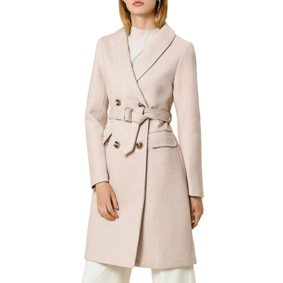 Allegra K Women's Shawl Collar Double Breasted Chevron Belt Leisure Long Blazer