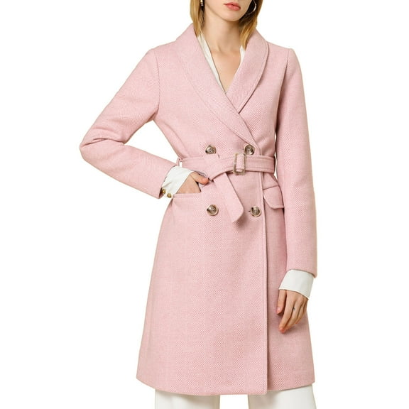 INSPIRE CHIC Women's Shawl Collar Double Breasted Chevron Belt Leisure Long Blazer XS Pink