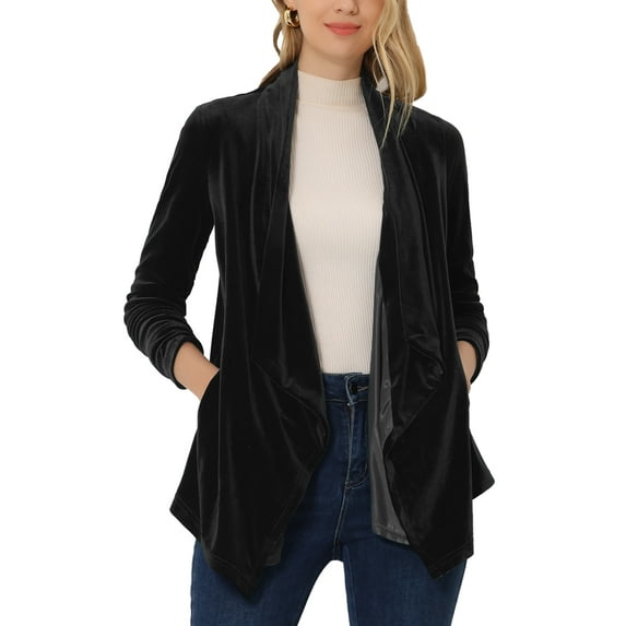 INSPIRE CHIC Women's Shawl Collar Open Front Pockets Stretchy Velvet Cardigan L Black