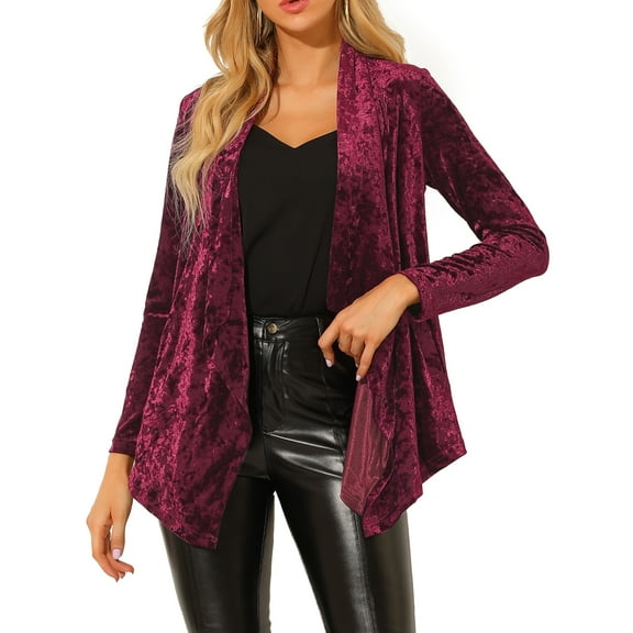INSPIRE CHIC Women's Shawl Collar Open Front Pockets Stretchy Velvet Cardigan L Burgundy