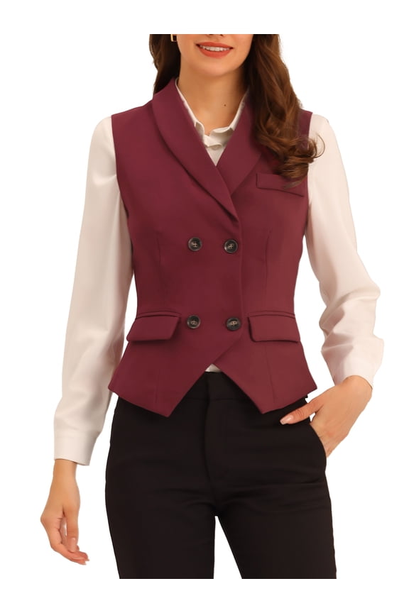 Women's Suit Vest Double Breasted Business Lapel Dressy Waistcoat Vest XS Burgundy