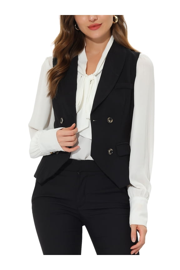 Women's Suit Vest Double Breasted Business Lapel Dressy Waistcoat Vest S Black