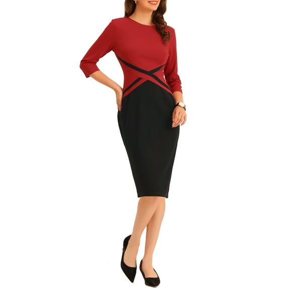 INSPIRE CHIC Women's Sheath Dress Contrast Color Bodycon Wear-to-Work Pencil Midi Dresses L Red