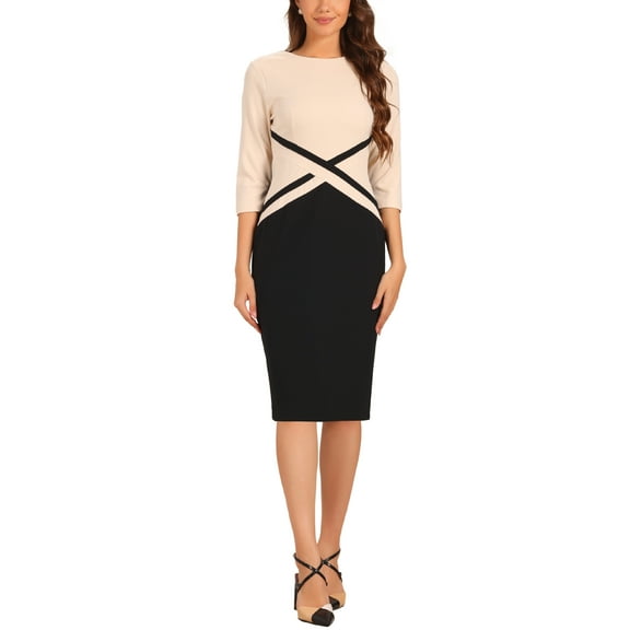 INSPIRE CHIC Women's Sheath Dress Contrast Color Bodycon Wear-to-Work Pencil Midi Dresses S Apricot