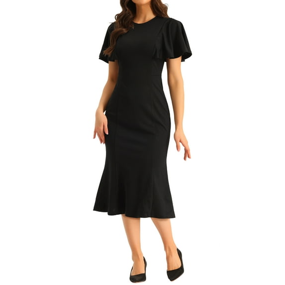 INSPIRE CHIC Women's Sheath Dress Ruffle Sleeve Round Neck Cocktail Party Work Midi Dress L Black