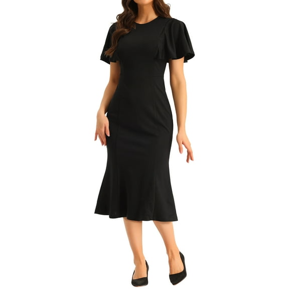 INSPIRE CHIC Women's Sheath Dress Ruffle Sleeve Round Neck Cocktail Party Work Midi Dress L Black