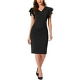 thumbnail image 1 of INSPIRE CHIC Women's Ruffle Sleeve V Neck Ruched Front Elegant Work Sheath Bodycon Dresses L Black, 1 of 5