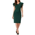 thumbnail image 1 of INSPIRE CHIC Women's Ruffle Sleeve V Neck Ruched Front Elegant Work Sheath Bodycon Dresses L Dark Green, 1 of 5