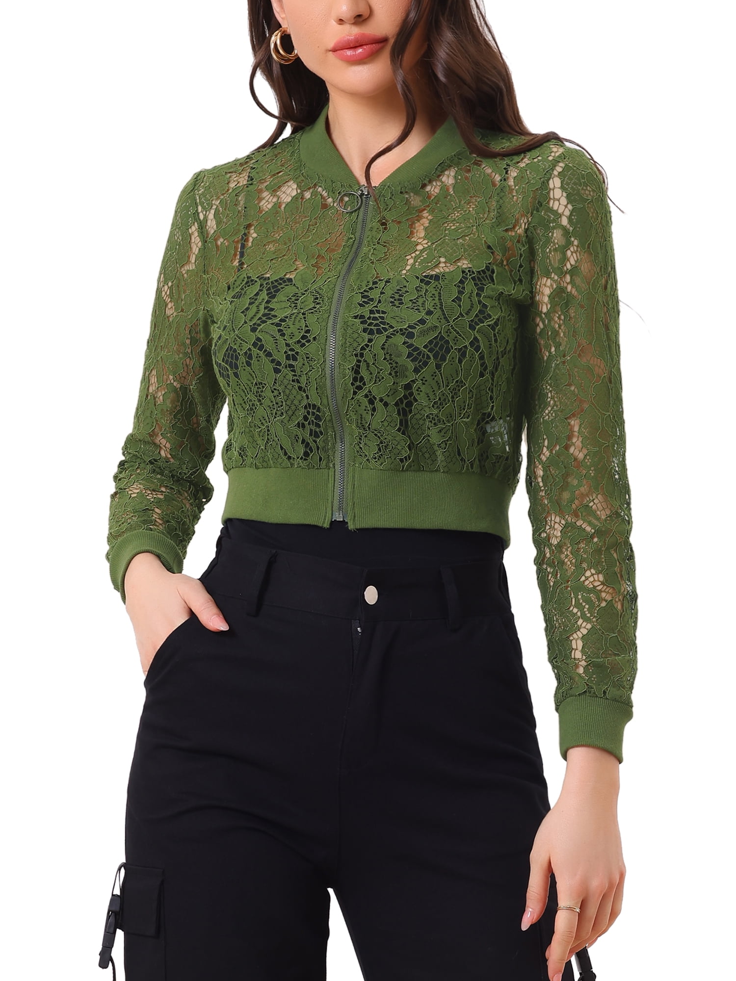 INSPIRE CHIC Women's Sheer Crochet Lace Long Sleeve Zipper
