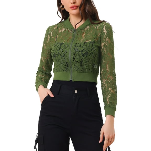 INSPIRE CHIC Women's Sheer Crochet Lace Long Sleeve Zipper Cropped Bomber Jacket