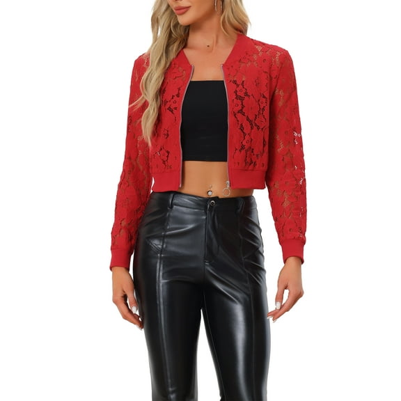 INSPIRE CHIC Women's Sheer Crochet Lace Long Sleeve Zipper Cropped Bomber Jacket XL Red