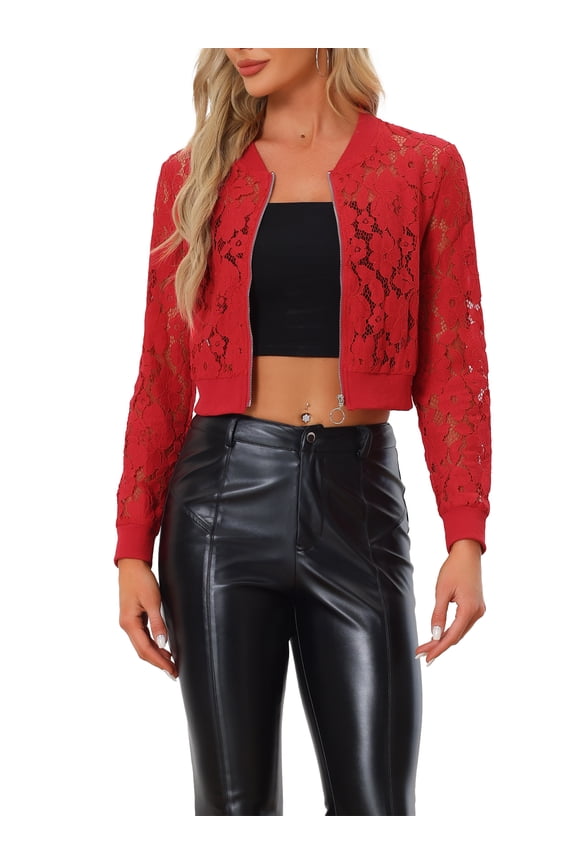 Women's Sheer Crochet Lace Long Sleeve Zipper Cropped Bomber Jacket
