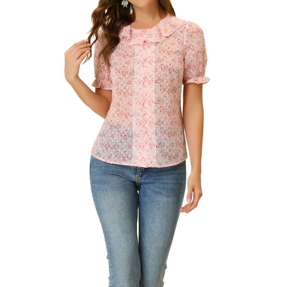 INSPIRE CHIC Women's Sheer Floral Ruffled Round Neck Button Decor Puff Sleeve Blouse Tops Pink S