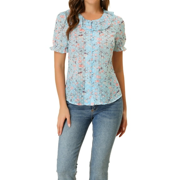 Allegra K Women's Sheer Floral Ruffled Round Neck Button Decor Puff Sleeve Blouse Tops
