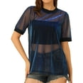 thumbnail image 1 of INSPIRE CHIC Women's Mesh T-Shirt Cover Up Party Short Sleeve See Through Sheer Tops M Holographic Blue, 1 of 6