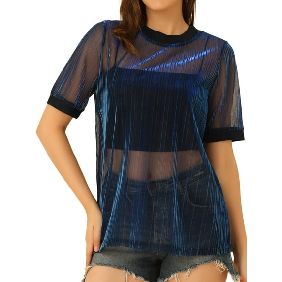 INSPIRE CHIC Women's Mesh T-Shirt Cover Up Party Short Sleeve See Through Sheer Tops M Holographic Blue