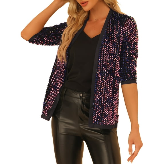 INSPIRE CHIC Women's Shinny Sequin Open Front Collarless 3/4 Sleeve Velvet Cardigan XS Blue Purple