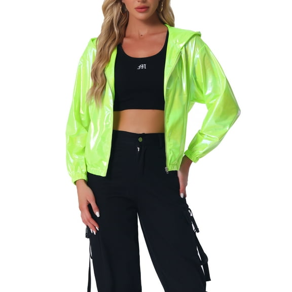 INSPIRE CHIC Women's Jacket Shiny Long Sleeve Lightweight Zipper Hooded Metallic Jacket L Fluorescent Green