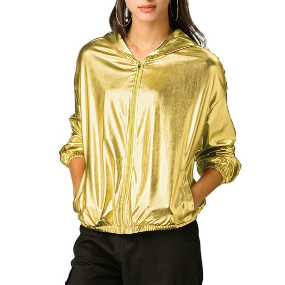 INSPIRE CHIC Women's Jacket Shiny Long Sleeve Lightweight Zipper Hooded Metallic Jacket L Gold