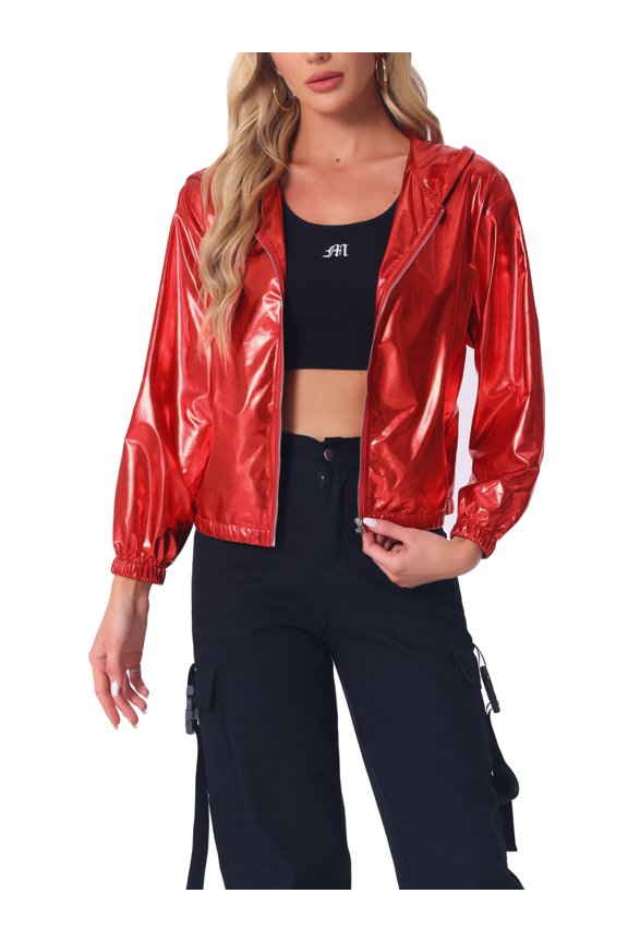 Women's Jacket Shiny Long Sleeve Lightweight Zipper Hooded Metallic Jacket L Red