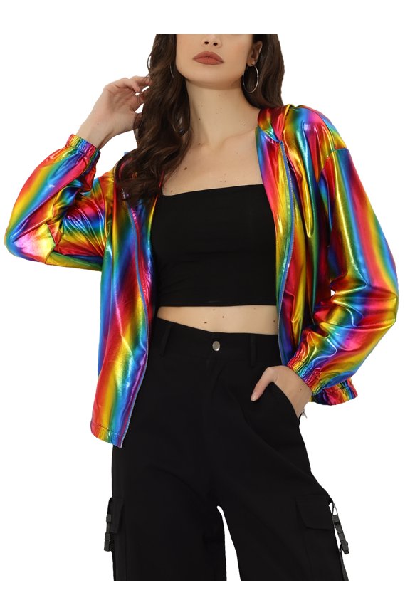 Women's Jacket Shiny Long Sleeve Lightweight Zipper Hooded Metallic Jacket M Multicolor