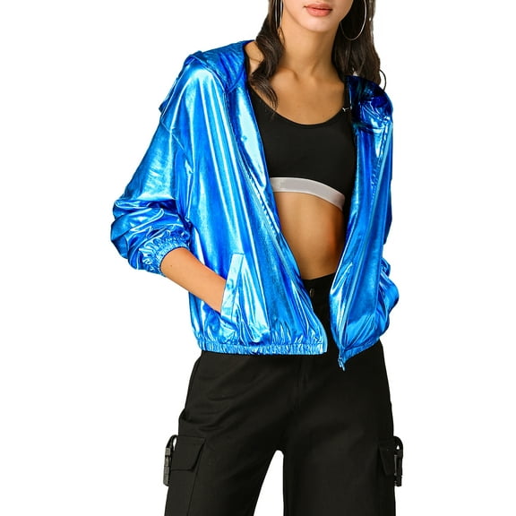 INSPIRE CHIC Women's Jacket Shiny Long Sleeve Lightweight Zipper Hooded Metallic Jacket S Blue