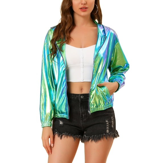 INSPIRE CHIC Women's Jacket Shiny Long Sleeve Lightweight Zipper Hooded Metallic Jacket XS Blue Green