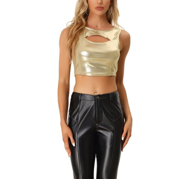 INSPIRE CHIC Women's Tank Tops Sleeveless Cut Out Clubwear Shiny Metallic Crop Tops XS Light Gold
