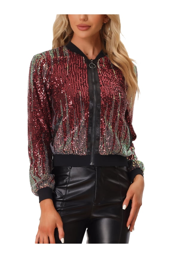 Women's Sequin Jacket Shiny Ombre Long Sleeve Zipper Sparkle Party Bomber Jackets L Red