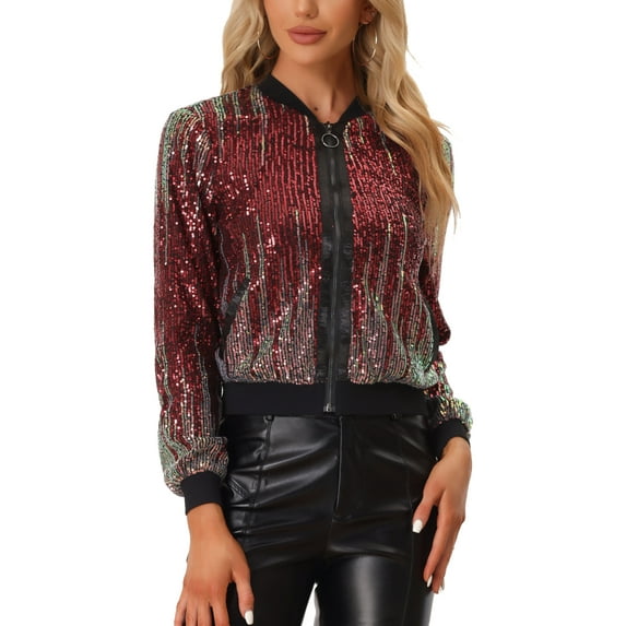 INSPIRE CHIC Women's Sequin Jacket Shiny Ombre Long Sleeve Zipper Sparkle Party Bomber Jackets S Red