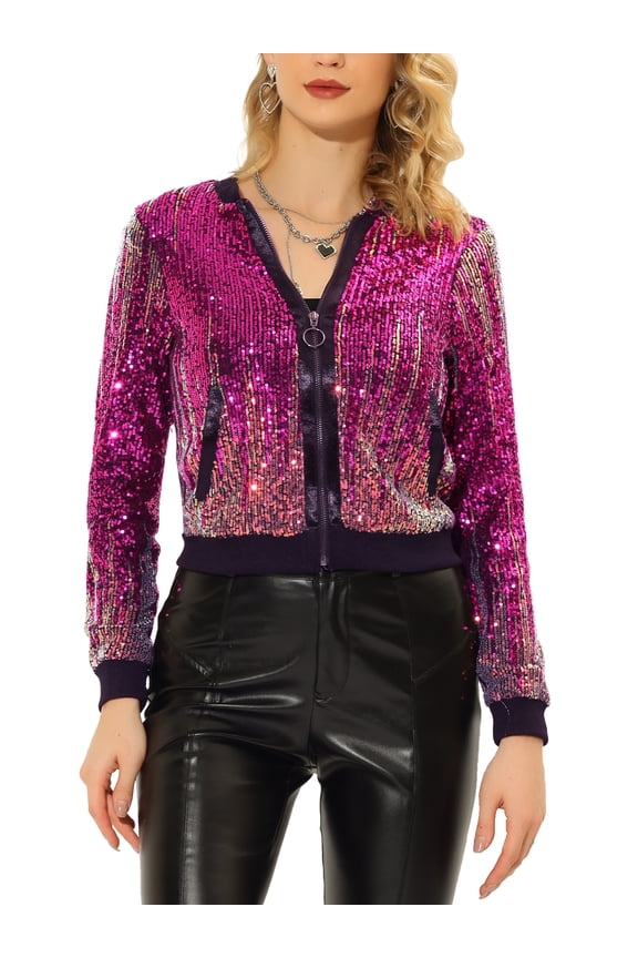 Women's Sequin Jacket Shiny Ombre Long Sleeve Zipper Sparkle Party Bomber Jackets M Fuchsia