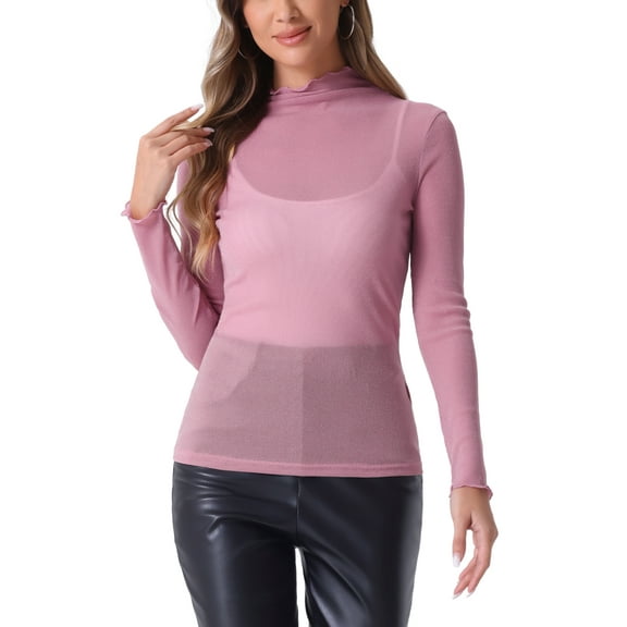 INSPIRE CHIC Women's Shiny Semi See Through Long Sleeve Slim Party Blouse L Sheer Pink