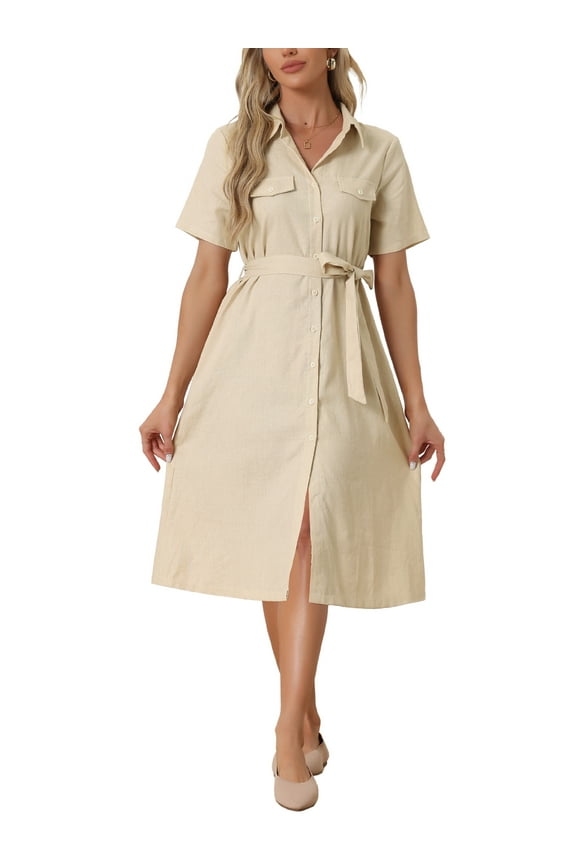 Women's Shirt Dress with Belt Casual Button Up Short Sleeve Midi Dress