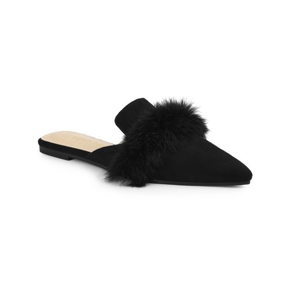 BLISSFUL STEP Women's Shoes Soft Fur Decor Pointed Toe Slip on Flat Slide Mules Black 10