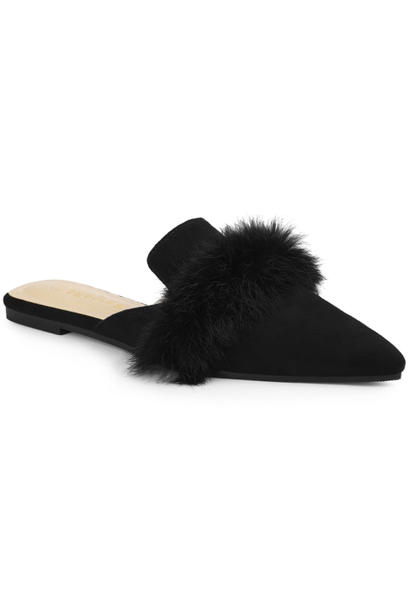 Women's Shoes Soft Fur Decor Pointed Toe Slip on Flat Slide Mules Black 10