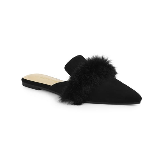 BLISSFUL STEP Women's Shoes Soft Fur Decor Pointed Toe Slip on Flat Slide Mules Black 11