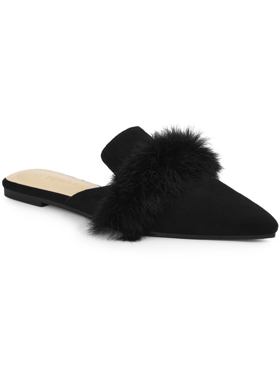 Women's Shoes Soft Fur Decor Pointed Toe Slip on Flat Slide Mules Black 6