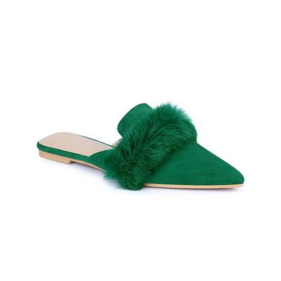 Allegra K Women's Shoes Soft Fur Decor Pointed Toe Slip on Flat Slide Mules Green 6