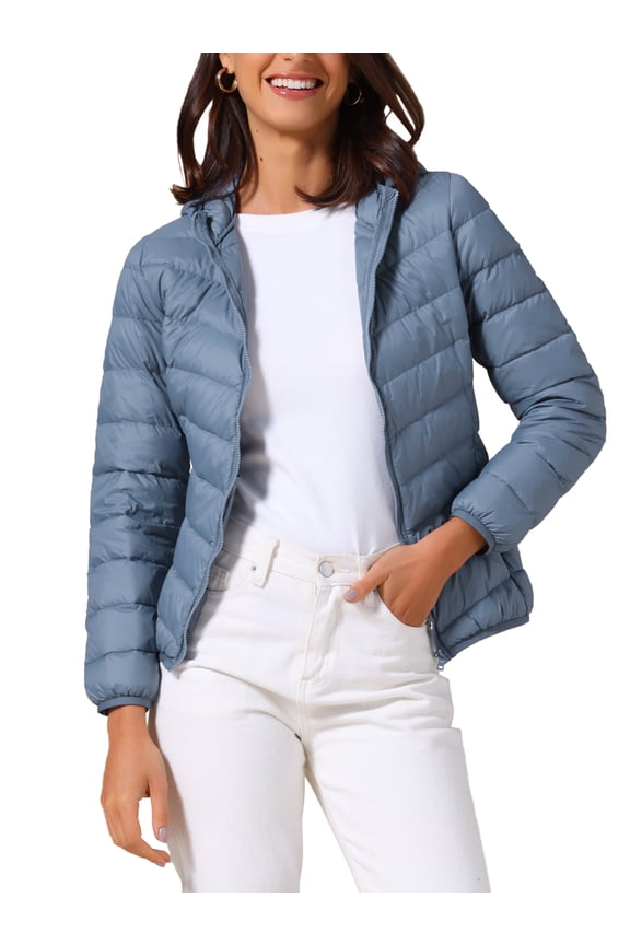 Women's Short Down Coat Packable Hooded Puffer Jacket Winter Ultra Light Outerwear L Blue