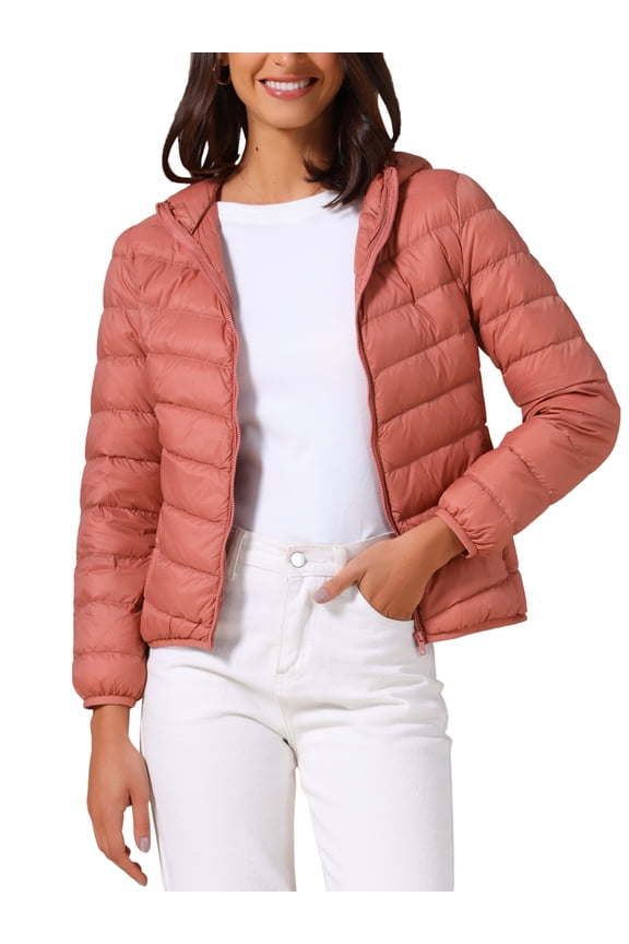 Women's Short Down Coat Packable Hooded Puffer Jacket Winter Ultra Light Outerwear L Grey Pink