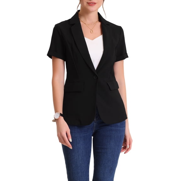 INSPIRE CHIC Women's Blazer Notch Lapel Collar Short Sleeves One Button Wear-to-Work Suit Jackets L Black