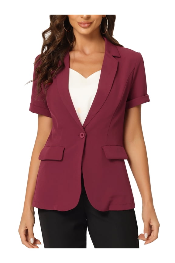 Women's Blazer Notch Lapel Collar Short Sleeves One Button Wear-to-Work Suit Jackets L Dark Red