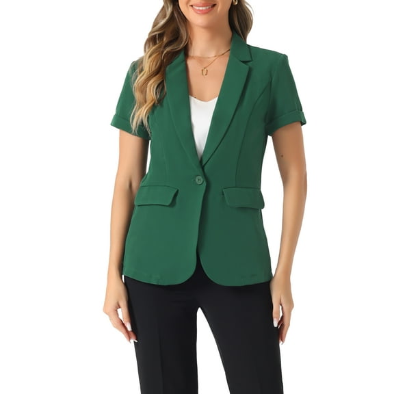 INSPIRE CHIC Women's Blazer Notch Lapel Collar Short Sleeves One Button Wear-to-Work Suit Jackets M Green