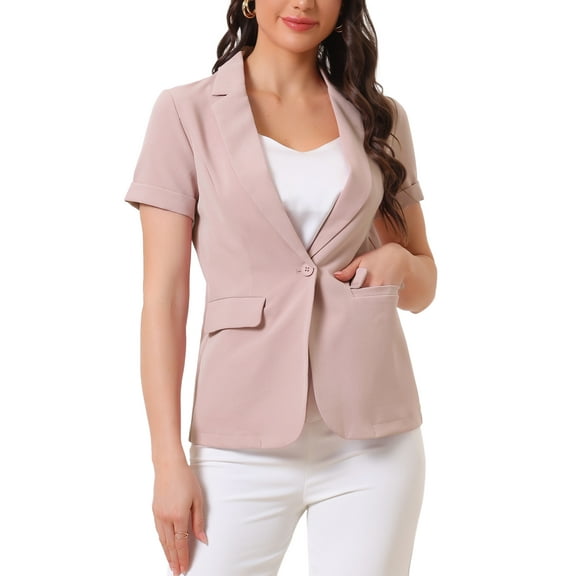 INSPIRE CHIC Women's Blazer Notch Lapel Collar Short Sleeves One Button Wear-to-Work Suit Jackets XL Pink