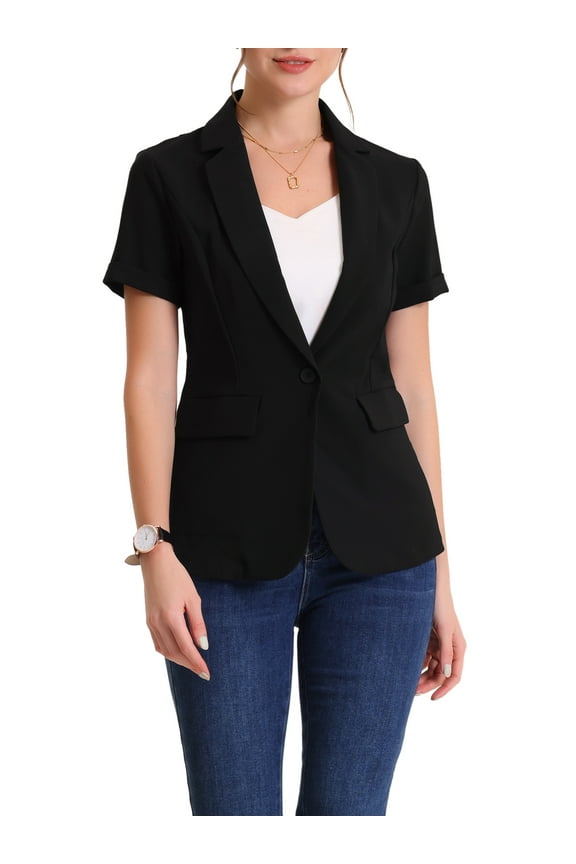 Women's Blazer Notch Lapel Collar Short Sleeves One Button Wear-to-Work Suit Jackets XS Black