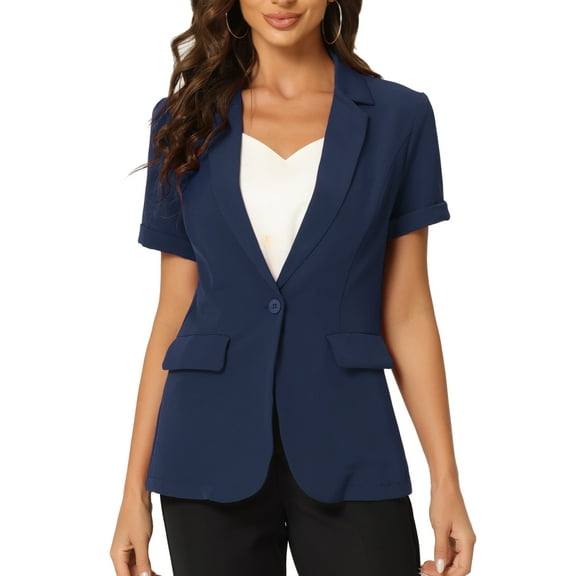 INSPIRE CHIC Women's Blazer Notch Lapel Collar Short Sleeves One Button Wear-to-Work Suit Jackets XS Dark Blue