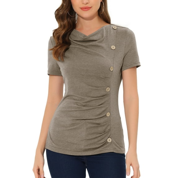 INSPIRE CHIC Women's Short Sleeve Button Decor Ruched Front Casual Basic T-shirt M Brown