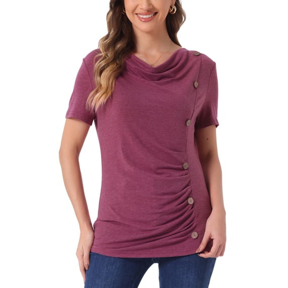 INSPIRE CHIC Women's Short Sleeve Button Decor Ruched Front Casual Basic T-shirt XL Burgundy
